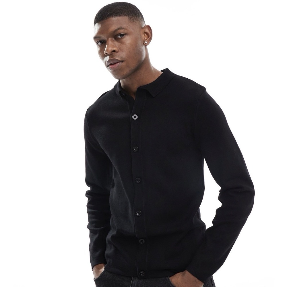 Threadbare Men's Black Button‎ Front Knot Top Medium Long Sleeve Casual Minimal